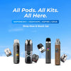 Promotional image of various vaping devices with brand names on a blue background.