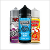 Three vape juice bottles with different flavors on a white background