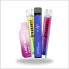 Four colorful vape devices with brand names on a white background