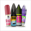 Four colorful vape juice bottles with different flavors on a white background