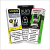 Three vape cartridge packaging from Voopoo, Oxva, and Vaporesso on a white background.